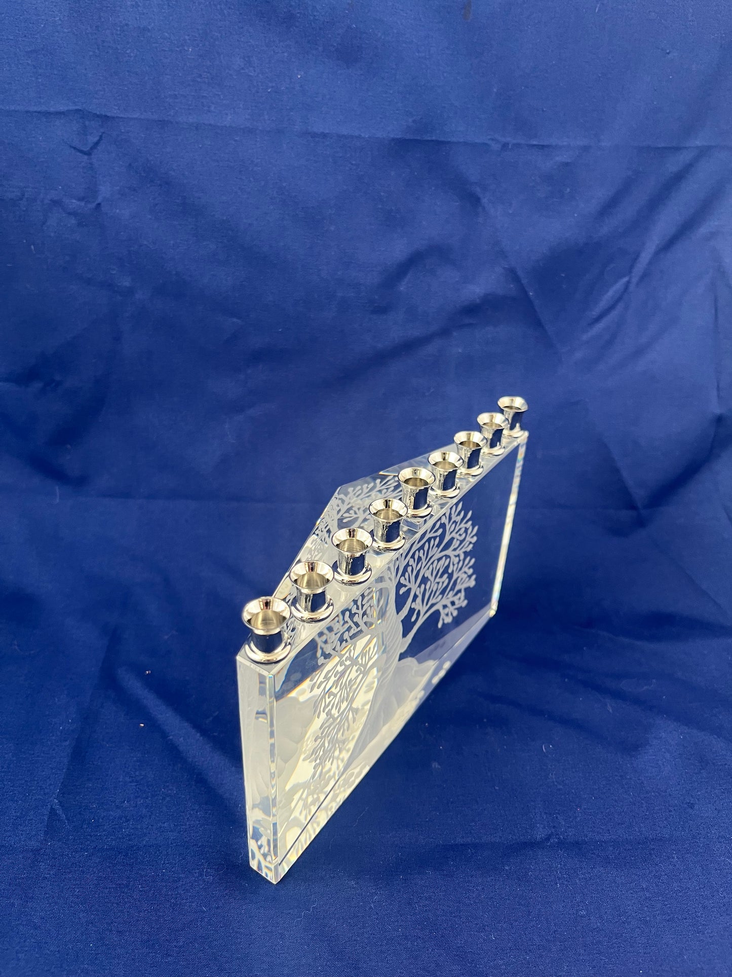 Glass Menorah with Tree Etching