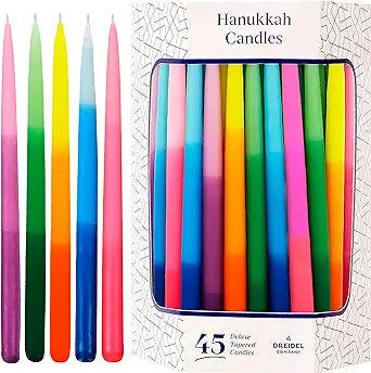 45 Dripless Deluxe Tapered Hanukkah Candles, Multicolored
