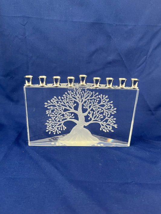Glass Menorah with Tree Etching