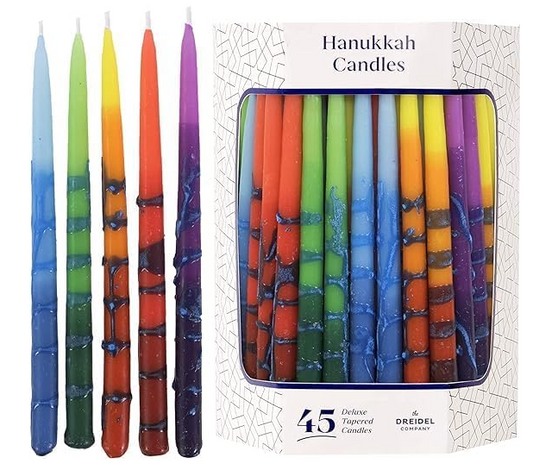 45 Dripless Multicolored Striped Tapered Hanukkah Candles for All 8 Nights of Hannukah